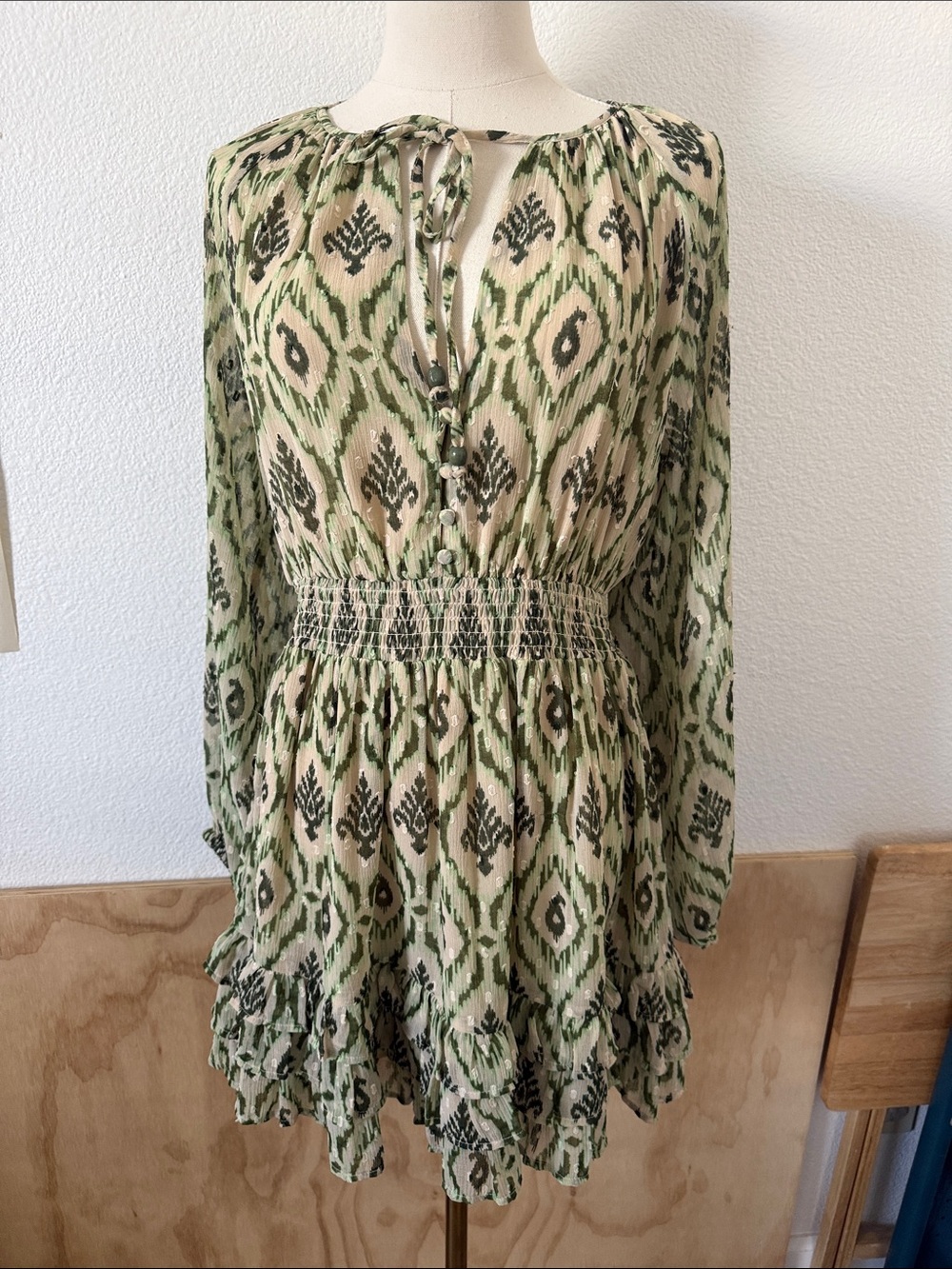 Zara Earthy Green Ikat Print Long-Sleeve Smocked Waist Dress Size Small